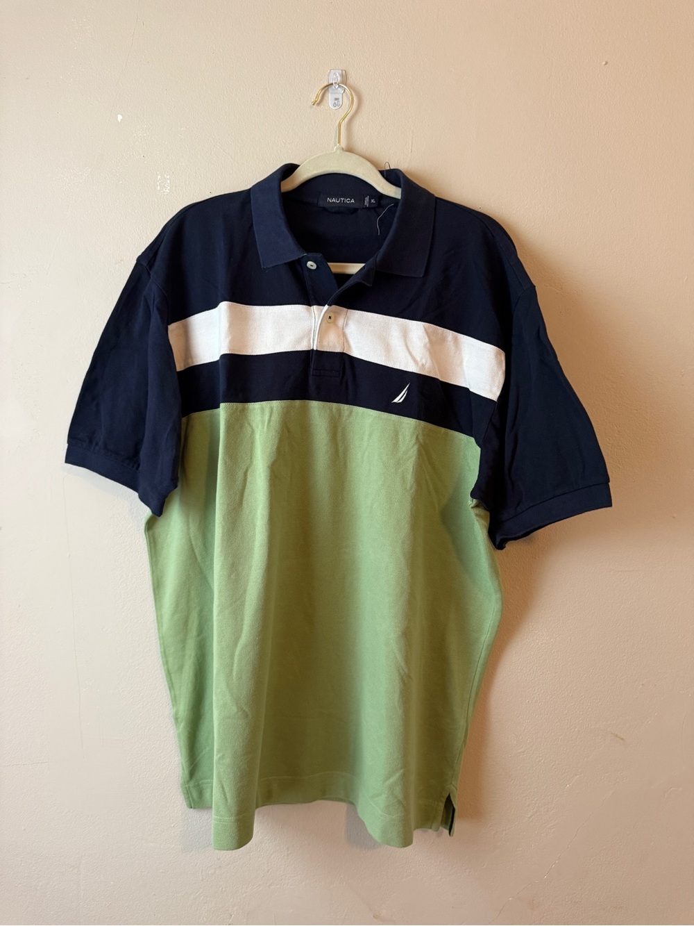 Nautica Men's Navy, White & Light Green Block Polo